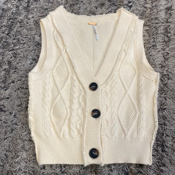 FREE PEOPLE Denson Cream Cable Knit Button-Up sweater vest OB1271731 sz XS - Picture 4 of 9